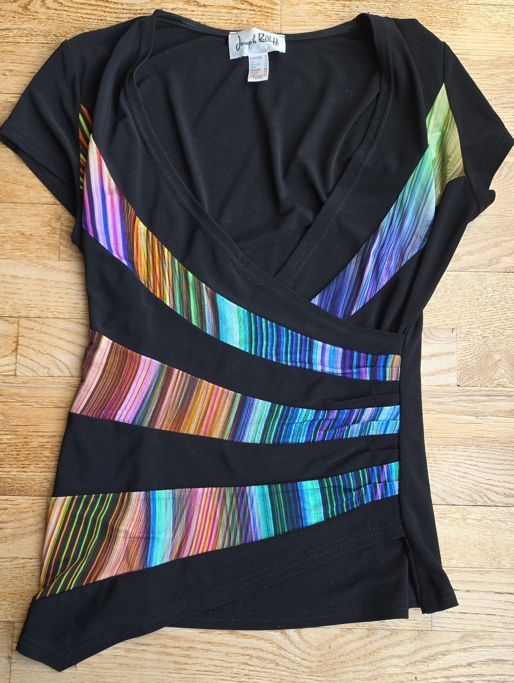 (10) Joseph Ribkoff Black Short Sleeve V-Neck Top with Multicolor Stripe Panels